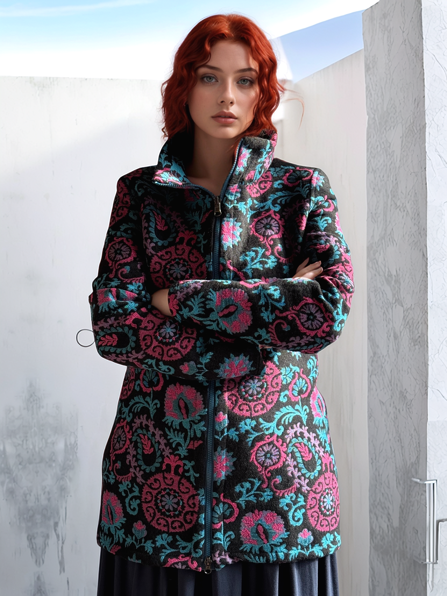 Veste 3/4 réversible couronne de fleurs turquoise