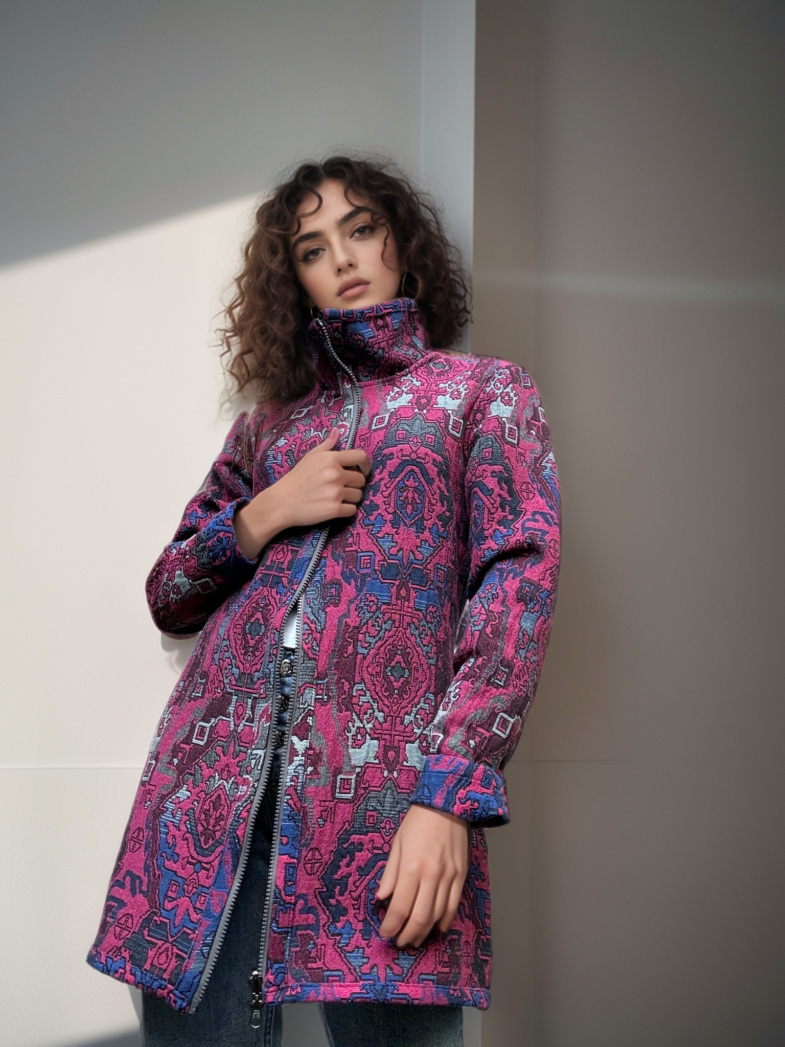 Veste 3/4 bleu et rose