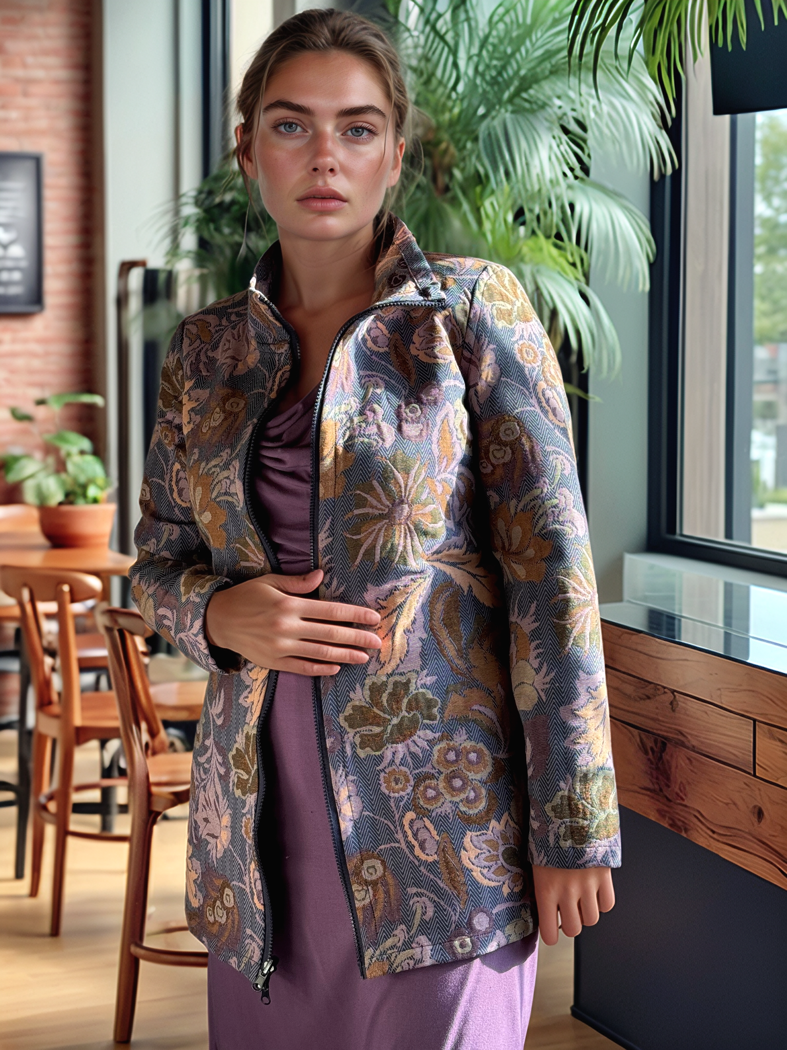 Veste 3/4 fleur bleu/ caramel motif de chevron